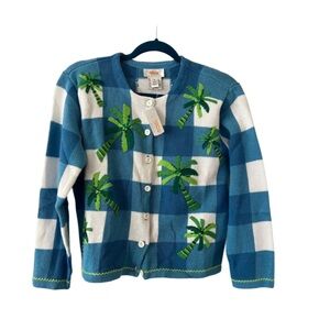 NWT Talbots Blue and White Checkered Sweater with Palm Tree Design Size S